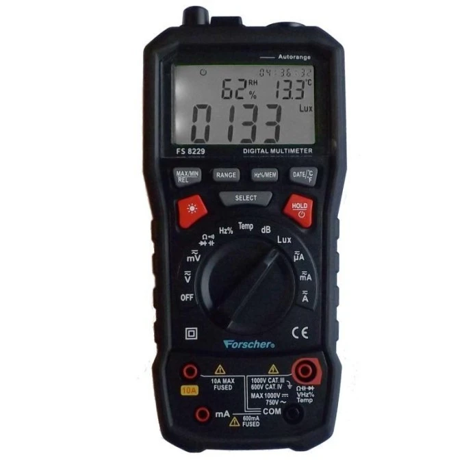 Miernik automatyczny uniwersalny z pomiarem oświetlenia, dżwięku multimetr cyfrowy z wyświetlaczem LCD True RMS FORSCHER FS8229 - obrazek 1