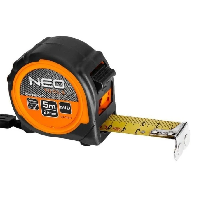 Miara zwijana metrówka 5m / 25mm magnetyczna wzmacniana czarno‑pomarańczowa NEO 67‑115‑1 - obrazek 1
