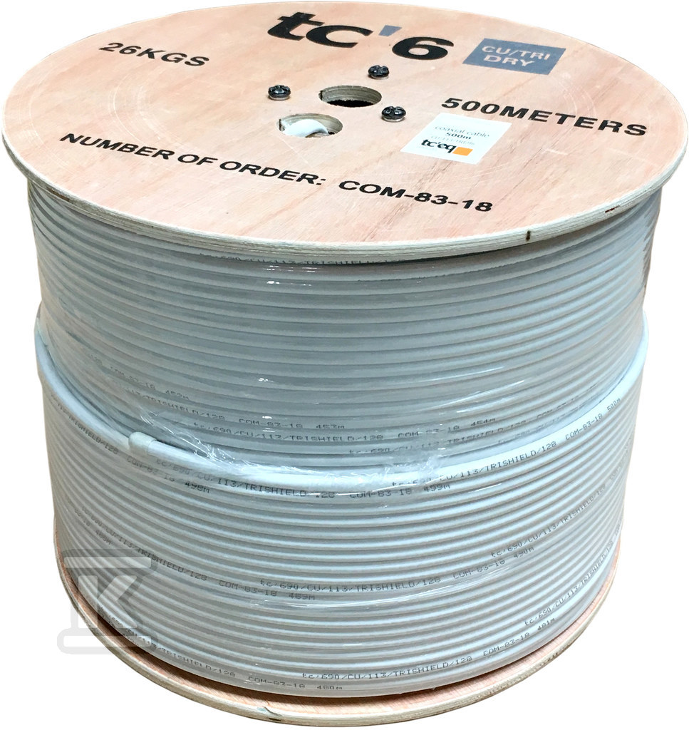 Kabel koncentryczny RG6 tc690CU/500 żyła 113, Trishield, oplot 80% bęben 27490 - obrazek 1