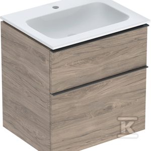 Zestaw: umywalka meblowa iCon slim z szafką pod umywalkę dwoma szufladami i zestawem odpływowo-przelewowym do umywalki: 60cm orzech hickory / melaminowa struktura drewna lava / matowy 502.335.JR.1 Zestaw: umywalka meblowa iCon slim z szafką pod umywalkę dwoma szufladami i zestawem odpływowo-przelewowym do umywalki: 60cm orzech hickory / melaminowa struktura drewna lava / matowy 502.335.JR.1