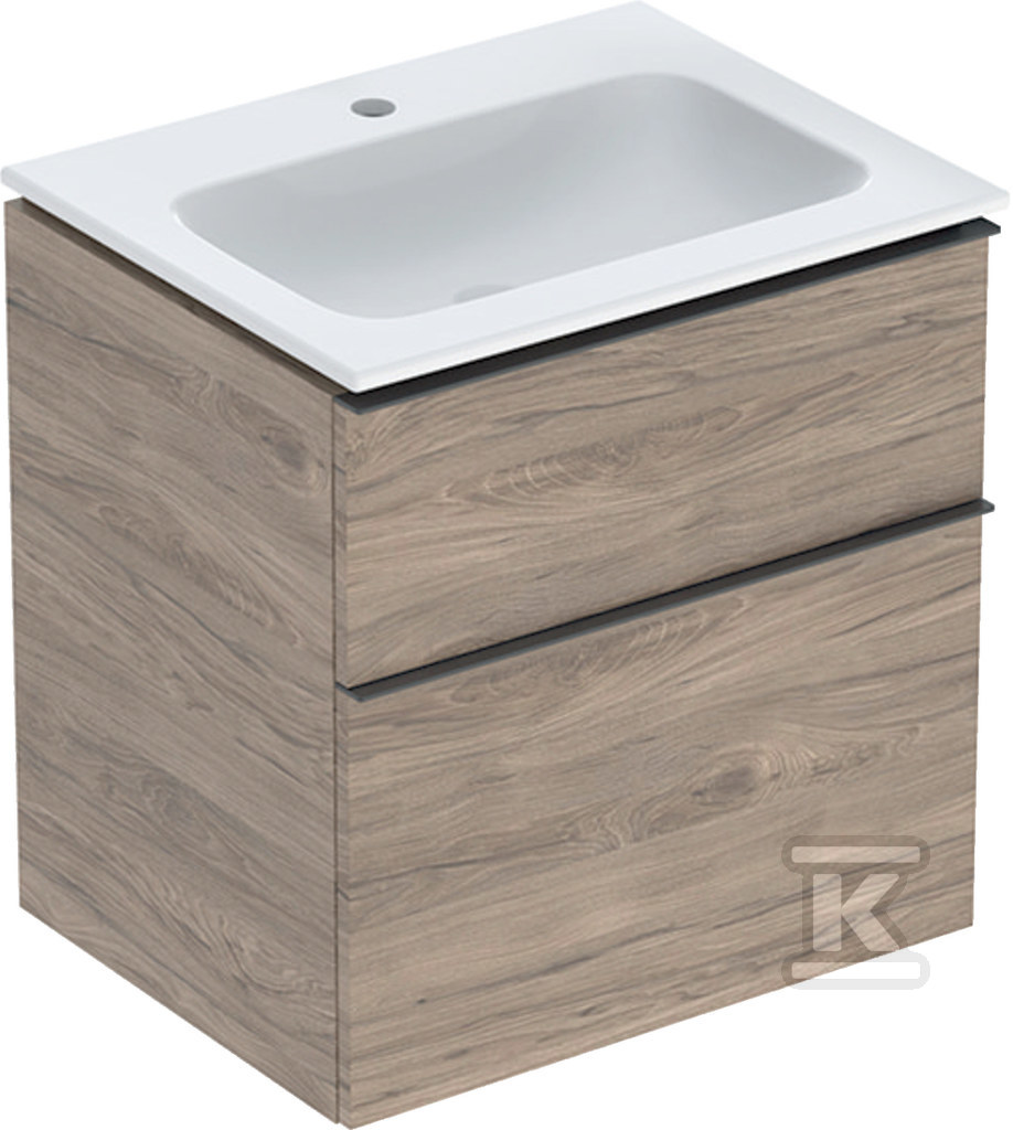 Zestaw: umywalka meblowa iCon slim z szafką pod umywalkę dwoma szufladami i zestawem odpływowo-przelewowym do umywalki: 60cm orzech hickory / melaminowa struktura drewna lava / matowy 502.335.JR.1 - obrazek 1