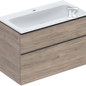 Zestaw: umywalka meblowa iCon slim z szafką pod umywalkę dwoma szufladami i zestawem odpływowo-przelewowym do umywalki: 90cm orzech hickory / melaminowa struktura drewna lava / matowy 502.337.JR.1
