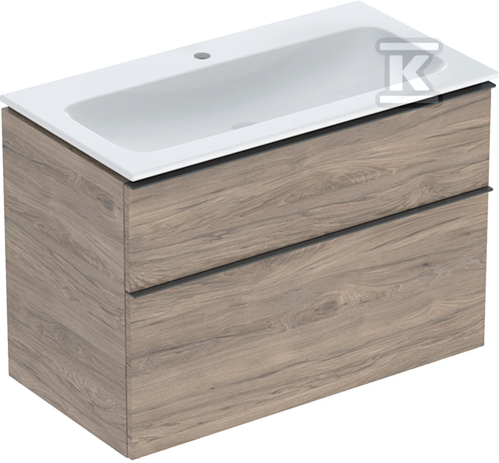 Zestaw: umywalka meblowa iCon slim z szafką pod umywalkę dwoma szufladami i zestawem odpływowo-przelewowym do umywalki: 90cm orzech hickory / melaminowa struktura drewna lava / matowy 502.337.JR.1 - obrazek 1