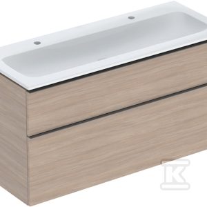 Zestaw: umywalka meblowa iCon slim z szafką pod umywalkę dwoma szufladami i zestawem odpływowo-przelewowym do umywalki: 120cm dąb / melaminowa struktura drewna lava / matowy 502.338.JH.1 Zestaw: umywalka meblowa iCon slim z szafką pod umywalkę dwoma szufladami i zestawem odpływowo-przelewowym do umywalki: 120cm dąb / melaminowa struktura drewna lava / matowy 502.338.JH.1