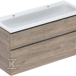 Zestaw: umywalka meblowa iCon slim z szafką pod umywalkę dwoma szufladami i zestawem odpływowo-przelewowym do umywalki: 120cm orzech hickory / melaminowa struktura drewna lava / matowy 502.338.JR.1 Zestaw: umywalka meblowa iCon slim z szafką pod umywalkę dwoma szufladami i zestawem odpływowo-przelewowym do umywalki: 120cm orzech hickory / melaminowa struktura drewna lava / matowy 502.338.JR.1