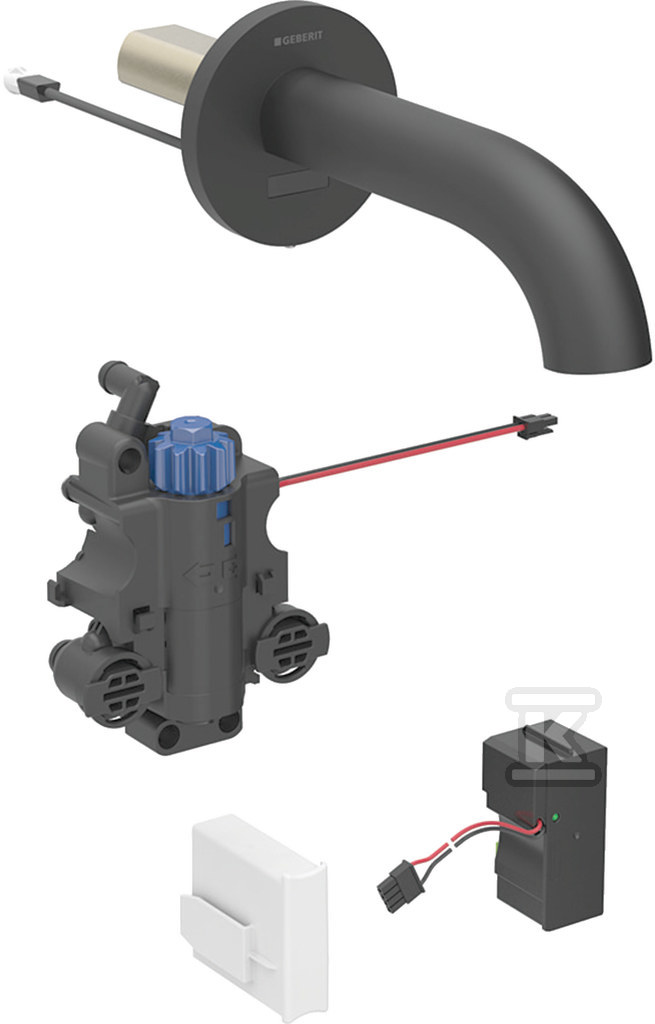 Bateria umywalkowa Piave, ścienna, zasilanie sieciowe, do podtynkowej skrzynki funkcyjnej, z mieszaczem termostatycznym, L=22cm, czarny mat 116.287.14.1 - obrazek 1