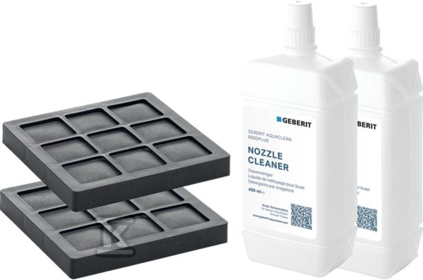 Zestaw aktywnego filtra węglowego i płynu do czyszczenia dyszy natryskowej do toalet myjących Geberit AquaClean 8000plus (2 szt.) 240.626.00.1