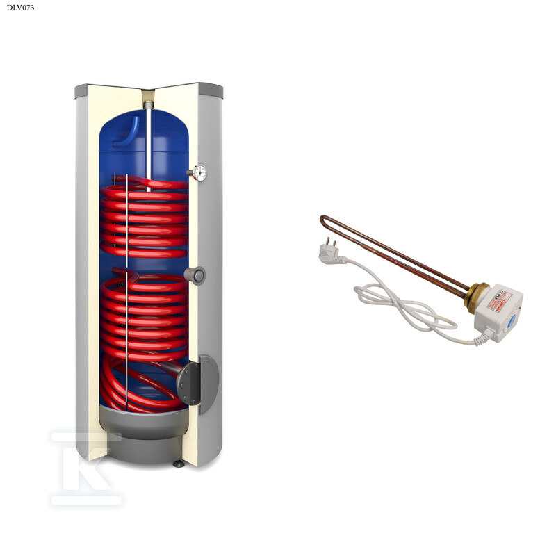 Wymiennik biwalentny 500l SGW(S)B TOWER BIWAL z kompletem elektrycznym z grzałką 2kW - K6/4" z dwiema wężownicami spiralnymi, emaliowany, twarda pianka poliuretanowa, skay, pionowy wolnostojący DLV073 - obrazek 1