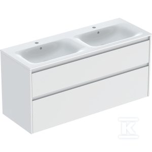 Zestaw podwójnej umywalki meblowej Selnova Square, slim rim, z szafką pod umywalkę, z dwoma szufladami: 130×62.1x48cm, Szerokość umywalki=130cm, Umywalka: biały, Korpus, Front: biały / lakierowany jedwabny mat 504.141.00.1