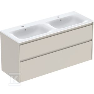 Zestaw podwójnej umywalki meblowej Selnova Square, slim rim, z szafką pod umywalkę, z dwoma szufladami: 130×62.1x48cm, Szerokość umywalki=130cm, Umywalka: biały, Korpus, Front: piaskowoszary / lakierowany jedwabny mat 504.141.DB.1