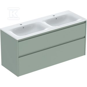 Zestaw podwójnej umywalki meblowej Selnova Square, slim rim, z szafką pod umywalkę, z dwoma szufladami: 130×62.1x48cm, Szerokość umywalki=130cm, Umywalka: biały, Korpus, Front: szałwiowozielony / lakierowany jedwabny mat 504.141.IK.1