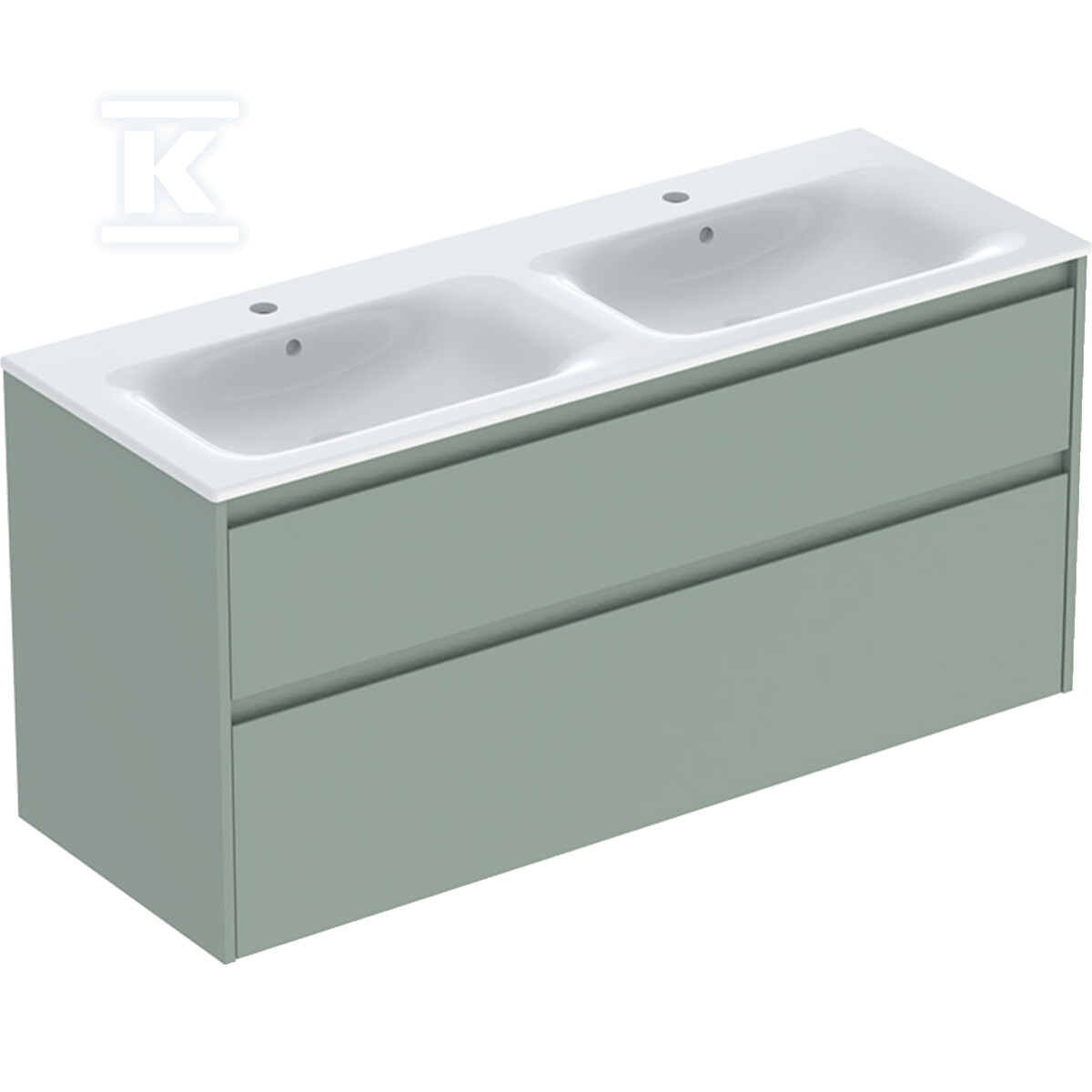 Zestaw podwójnej umywalki meblowej Selnova Square, slim rim, z szafką pod umywalkę, z dwoma szufladami: 130x62.1x48cm, Szerokość umywalki=130cm, Umywalka: biały, Korpus, Front: szałwiowozielony / lakierowany jedwabny mat 504.141.IK.1 - obrazek 1