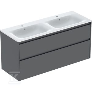 Zestaw podwójnej umywalki meblowej Selnova Square, slim rim, z szafką pod umywalkę, z dwoma szufladami: 130×62.1x48cm, Szerokość umywalki=130cm, Umywalka: biały, Korpus, Front: lava / lakierowany jedwabny mat 504.141.JK.1