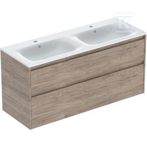 Zestaw podwójnej umywalki meblowej Selnova Square, slim rim, z szafką pod umywalkę, z dwoma szufladami: 130×62.1x48cm, Szerokość umywalki=130cm, Umywalka: biały, Korpus, Front: orzech hickory / melaminowa struktura drewna 504.141.JR.1