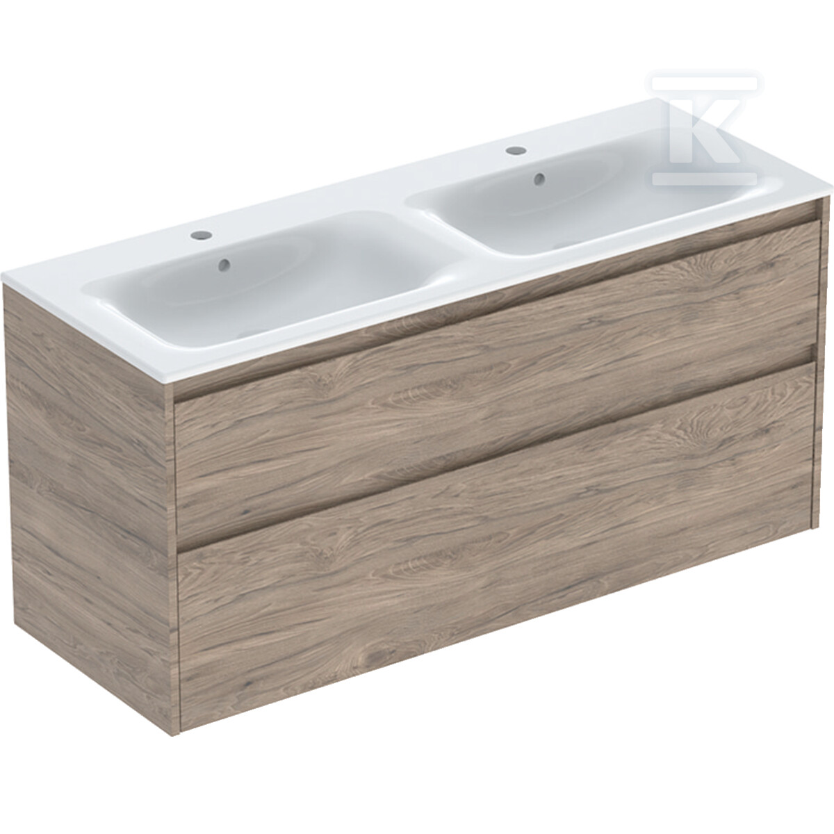 Zestaw podwójnej umywalki meblowej Selnova Square, slim rim, z szafką pod umywalkę, z dwoma szufladami: 130x62.1x48cm, Szerokość umywalki=130cm, Umywalka: biały, Korpus, Front: orzech hickory / melaminowa struktura drewna 504.141.JR.1 - obrazek 1