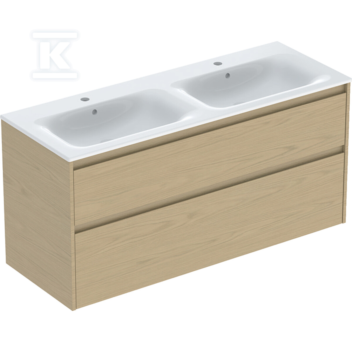 Zestaw podwójnej umywalki meblowej Selnova Square, slim rim, z szafką pod umywalkę, z dwoma szufladami: 130x62.1x48cm, Szerokość umywalki=130cm, Umywalka: biały, Korpus, Front: dąb naturalny / melaminowa struktura drewna 504.141.PS.1 - obrazek 1