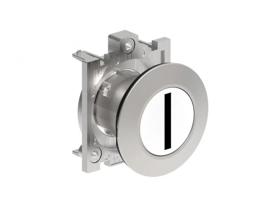 Metalowy przycisk płaski fi30mm kryty samoczynny powrót z symbolem I Biały LPFB1118 - obrazek 1