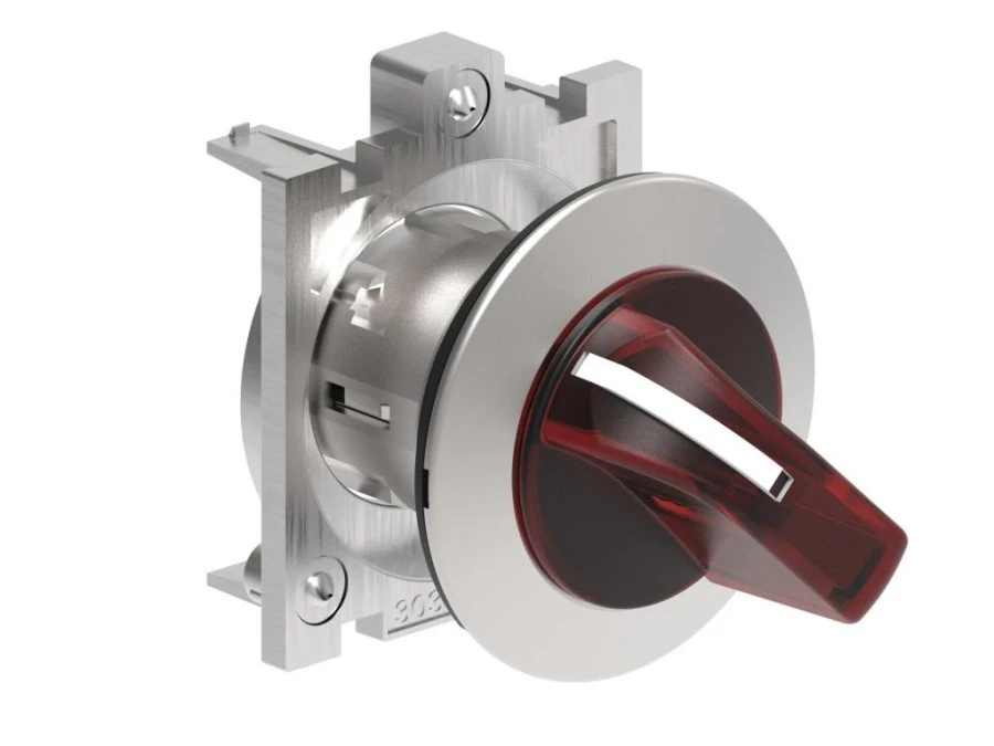 Metalowy przełącznik płaski podświetlany 3 pozycyjny 1‑0‑2 z samopowrotem z 2 do 0 fi 30mm pokrętło krótkie Czerwony LPFSL1334 - obrazek 1