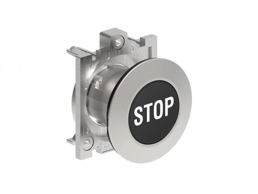 Metalowy przycisk płaski fi30mm kryty samoczynny powrót z symbolem STOP Czarny LPFB1132 - obrazek 1