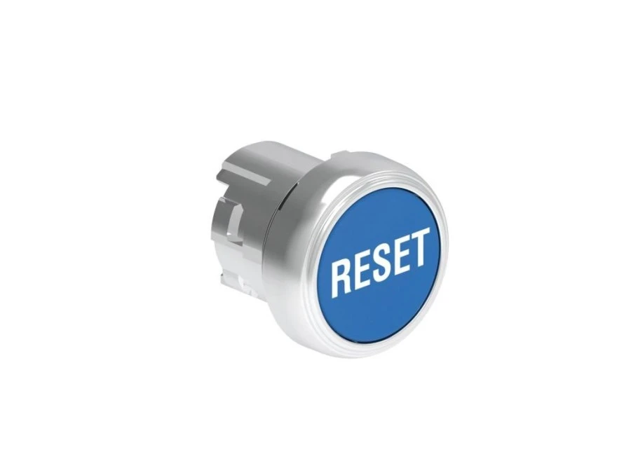 Metalowy przycisk fi22mm kryty samoczynny powrót z symbolem RESET Niebieski LPSB1196 - obrazek 1