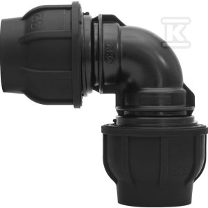 Kolano zaciskowe PP 90st. 20×20 PN16, do rur PE, kolor czarny 130820