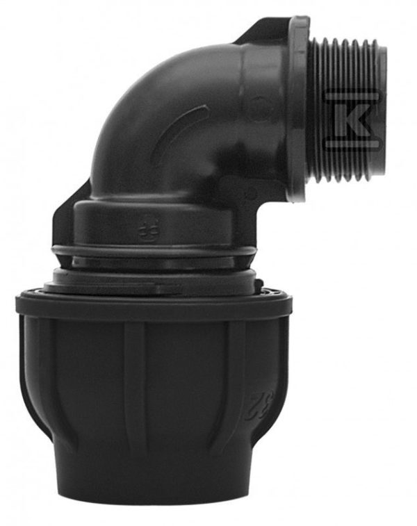Kolano zaciskowe PP 90st. 20×3/4″ GZ gwint zewnętrzny PN16, do rur PE, kolor czarny 13092002