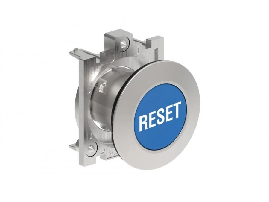Metalowy przycisk płaski fi30mm kryty samoczynny powrót z symbolem RESET Niebieski LPFB1196 - obrazek 1