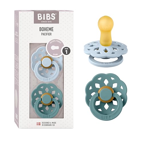BIBS Boheme Smoczek, 2 szt. Bez BPA., Okrągły kształt gumowej główki. Lateks z kauczuku naturalnego, Wyprodukowano w Danii. Rozmiar 1 (2 szt), Baby Blue/Island Sea