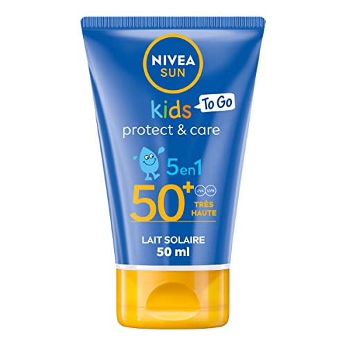 NIVEA SUN Solar Milk Protect & Play Kids FPS 50+ Format podróżny (1 x 50 ml), wodoodporny krem przeciwsłoneczny, opracowany dla skóry dzieci - obrazek 1