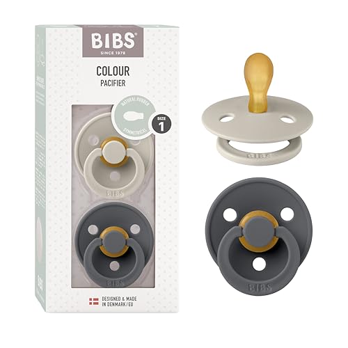 Smoczek BIBS z serii Colour, 2 pak, nie zawiera BPA, Symetryczny kształt gumowej główki. Lateks kauczuku naturalnego, Wyprodukowano w Danii/EU. Rozmiar 1 (0 6 miesięcy), Sand/Iron