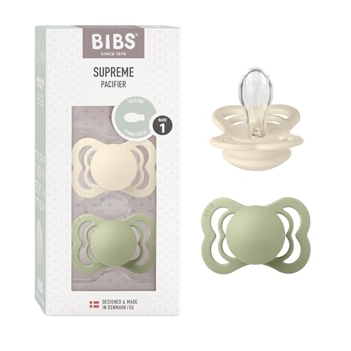 BIBS Supreme Smoczek, 2 szt., Bez BPA, Symetryczny kształt gumowej główki. Silikon, Rozmiar 1 (0 6 miesięcy), Ivory/Sage