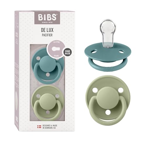 BIBS De Lux Smoczek, 2 szt., Bez BPA, Okrągły kształt gumowej główki. Silikon, Jeden rozmiar (0 36 miesięcy), Island Sea/Sage