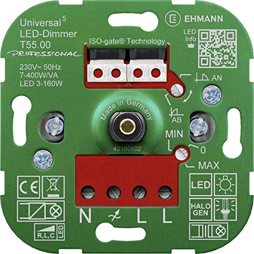 EHMANN 5500×000 T55.00 ściemniacz uniwersalny Professional z technologią ISO Gate, obrotowy podtynkowy, możliwość wyboru zasady ściemniania, moc: LED 3 160 W, 7 400 W/VA, wraz adapterem do programowania przełącznika
