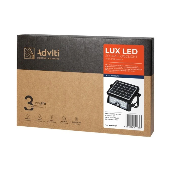 LUX LED 5W, naświetlacz solarny z czujnikiem ruchu 500lm, IP65, 4000K, 2x1500mAh, czarny,AD‑SL‑6108BLR4 - obrazek 2