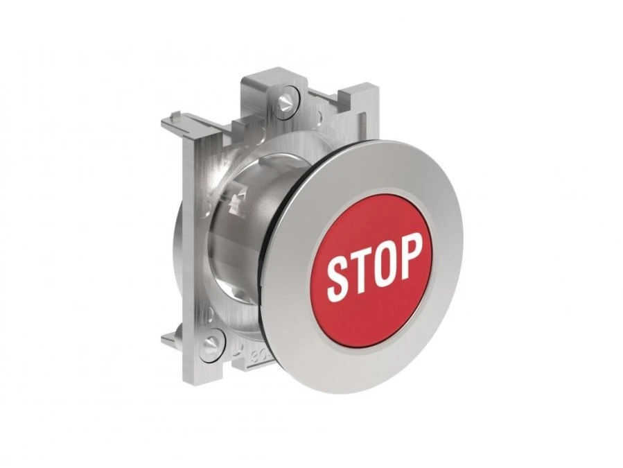 Metalowy przycisk płaski fi30mm kryty samoczynny powrót z symbolem STOP Czerwony LPFB1134 - obrazek 1