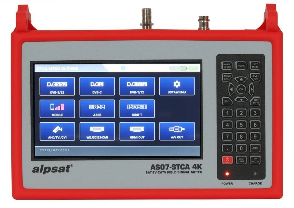 Miernik sygnału DVB‑T/T2(HEVC 10 bit)/C/J.83B/ISDB‑T oraz DVB‑S/S2 AS07STCA‑4K z analizatorem widma i certyfikatem kalibracji