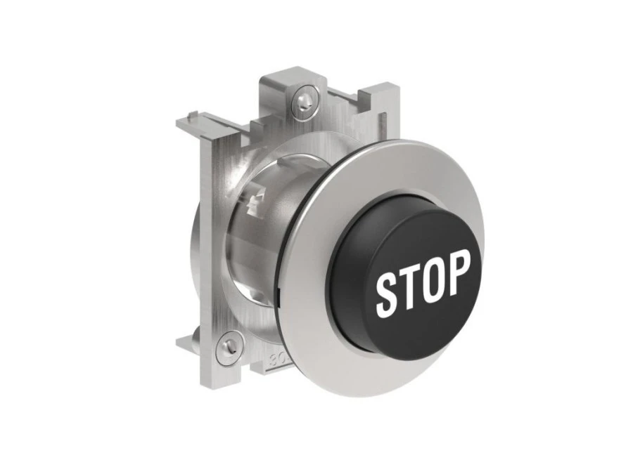 Metalowy przycisk płaski fi30mm wystający samoczynny powrót z symbolem STOP Czarny LPFB2132 - obrazek 1