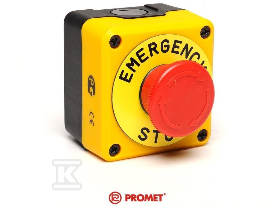 Kaseta czarno-żółta, stop bezpieczeństwa, ryglowany 40 mm (1NC) z tabliczką opisową "Emergency Stop" T0-P1EC400E40K - obrazek 1