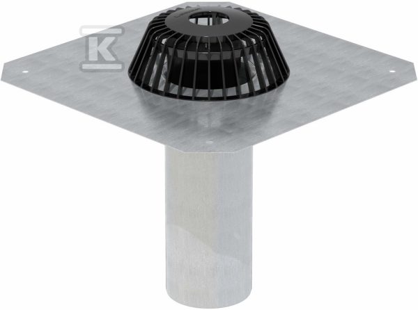 Wpust dachowy grawitacyjny DN100 z kołnierzem przyłączeniowym, do bitumicznych uszczelnień dachu, przepustowość 6l/s, odpływ pionowy 110mm, stalowy króciec przyłączeniowy, kratka osłonowa z PP 359.037.00.1