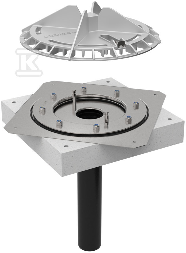 Wpust dachowy DN56 z kołnierzem mocującym, do folii dachowych, aluminiowa kratka osłonowa, odpływ pionowy, przepustowość 12l/s (Pluvia) 359.106.00.1 - obrazek 1