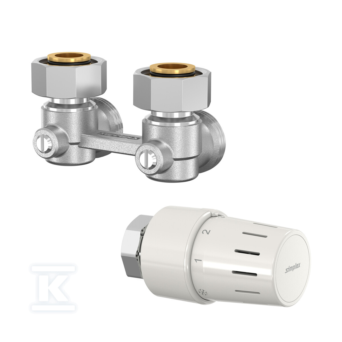Zestaw termostatyczny z głowicą TC-S3 M30x1,5 i dwururowym blokiem kurków kątowym ME2/50 3/4"-3/4"E? F31012 - obrazek 1