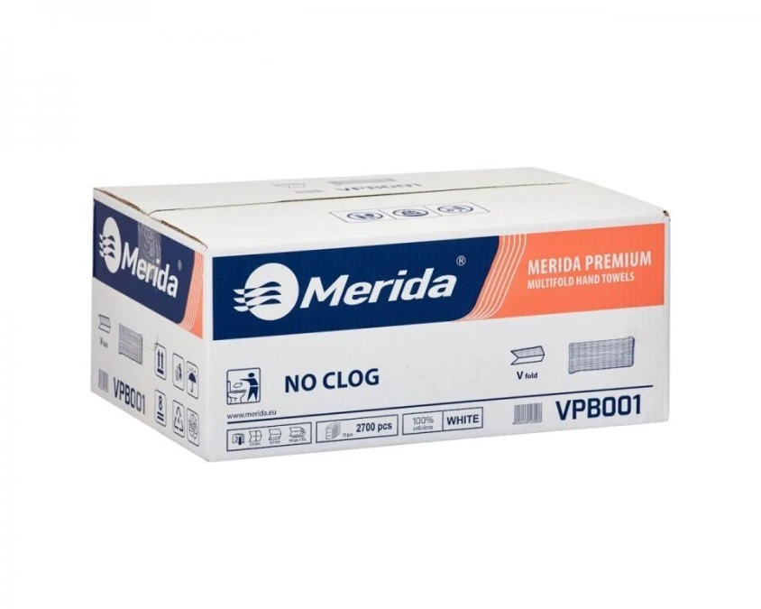 MERIDA PREMIUM NO CLOG VPB001 ręczniki papierowe białe, 3‑warstwowe, 2700 szt.