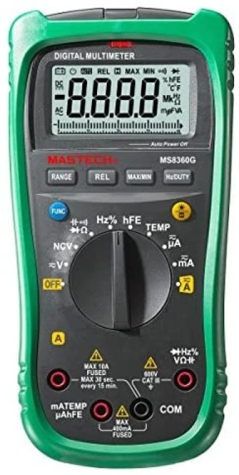 Miernik cyfrowy multimetr V AC, V DC, 0‑10A DC, 0‑10A AC, oporność, pojemność, opór, częstotliwość, temperatura, cykle MS‑8360G - obrazek 1