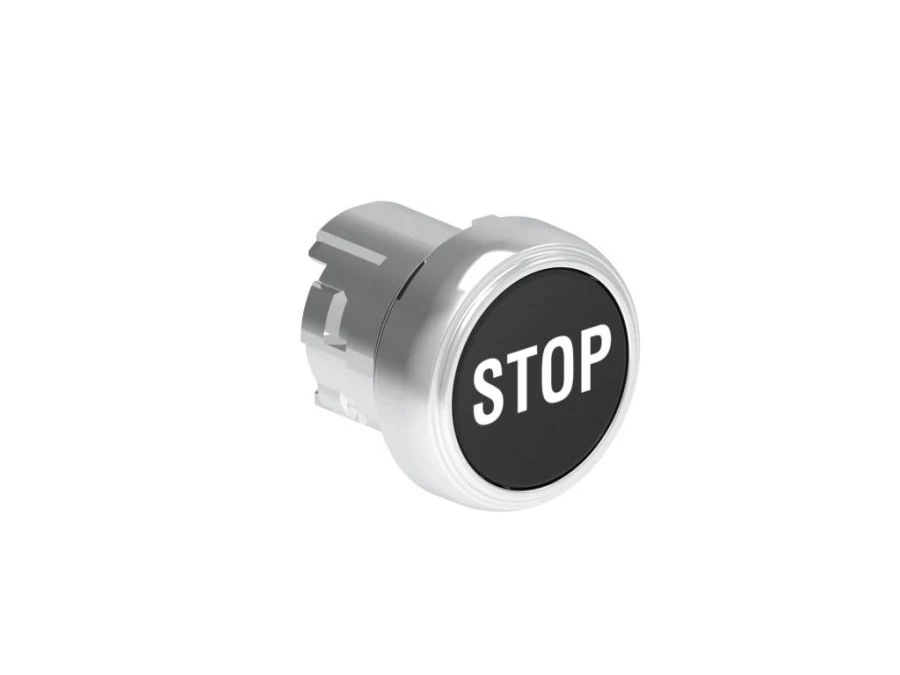 Metalowy przycisk fi22mm kryty samoczynny powrót z symbolem STOP Czarny LPSB1132 - obrazek 1