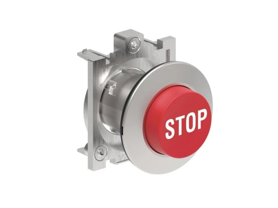 Metalowy przycisk płaski fi30mm wystający samoczynny powrót z symbolem STOP Czerwony LPFB2134 - obrazek 1