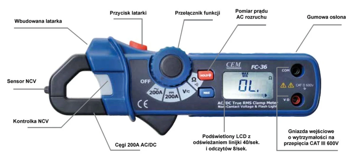 Mały miernik cęgowy 200A AC/DC True RMS z bezdotykowym próbnikiem napięcia i latarką LED FC‑36 - obrazek 1