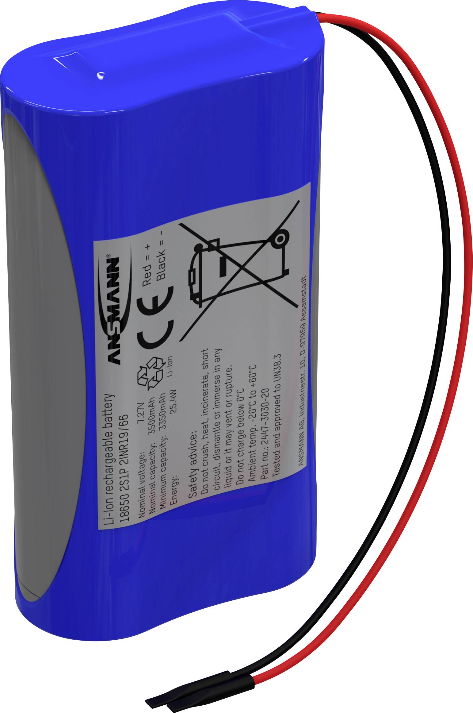Pakiet akumulatorów 18650, Li-Ion Ansmann 2S1P, Ilość ogniw: 2, 7.2 V, 3500 mAh, Przewód - obrazek 1