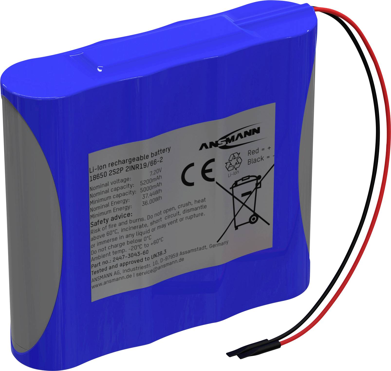 Pakiet akumulatorów Li-Ion Ansmann 2S2P Akkupack 4x 18650 Kabel Li-Ion 7.2V 5200mAh, Ilość ogniw: 4, 7.2 V, 5200 mAh - obrazek 1