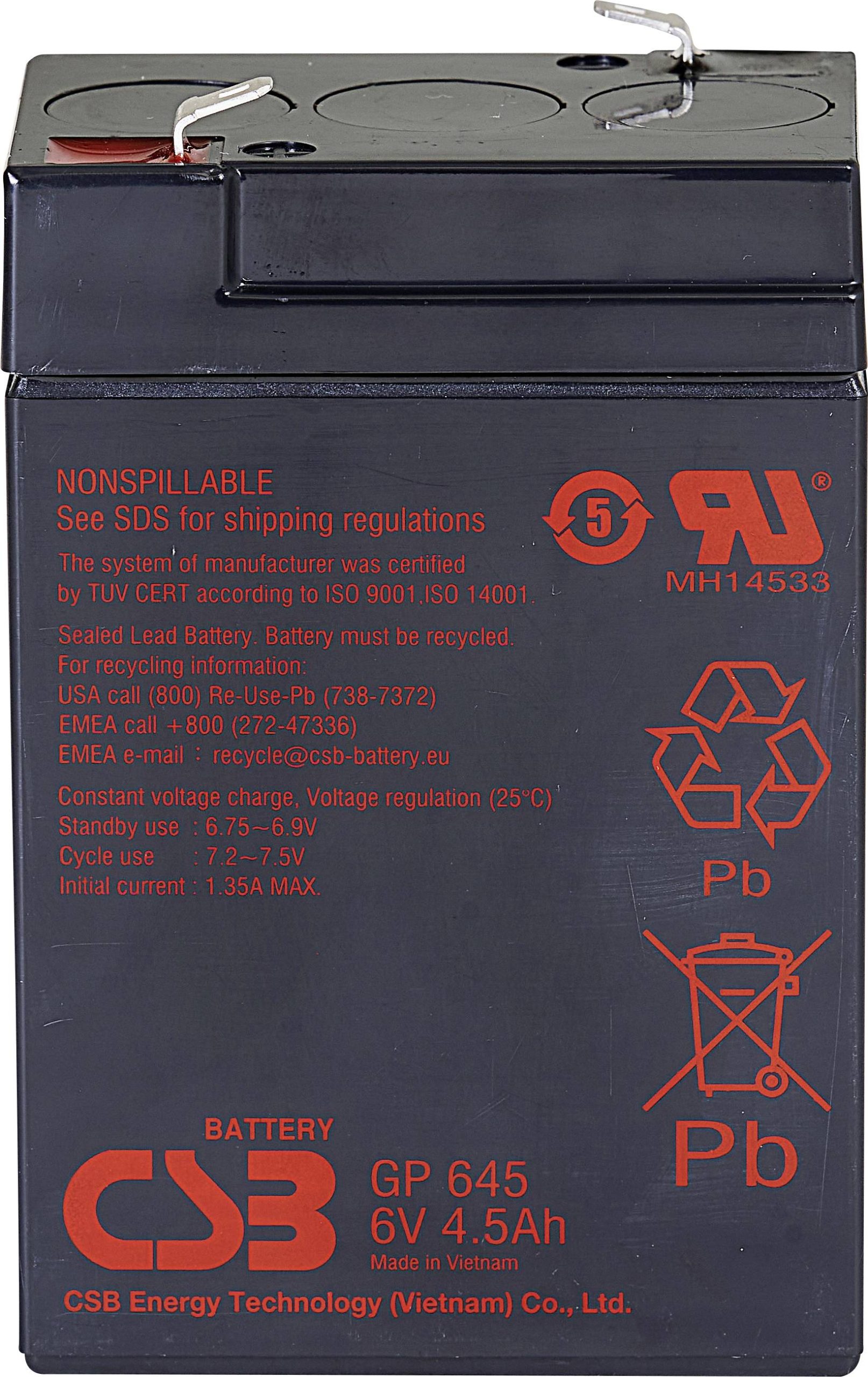 Akumulator ołowiowy CSB Battery GP 645 Standby USV GP645F1, AGM, 6 V, 4.5 Ah - obrazek 1