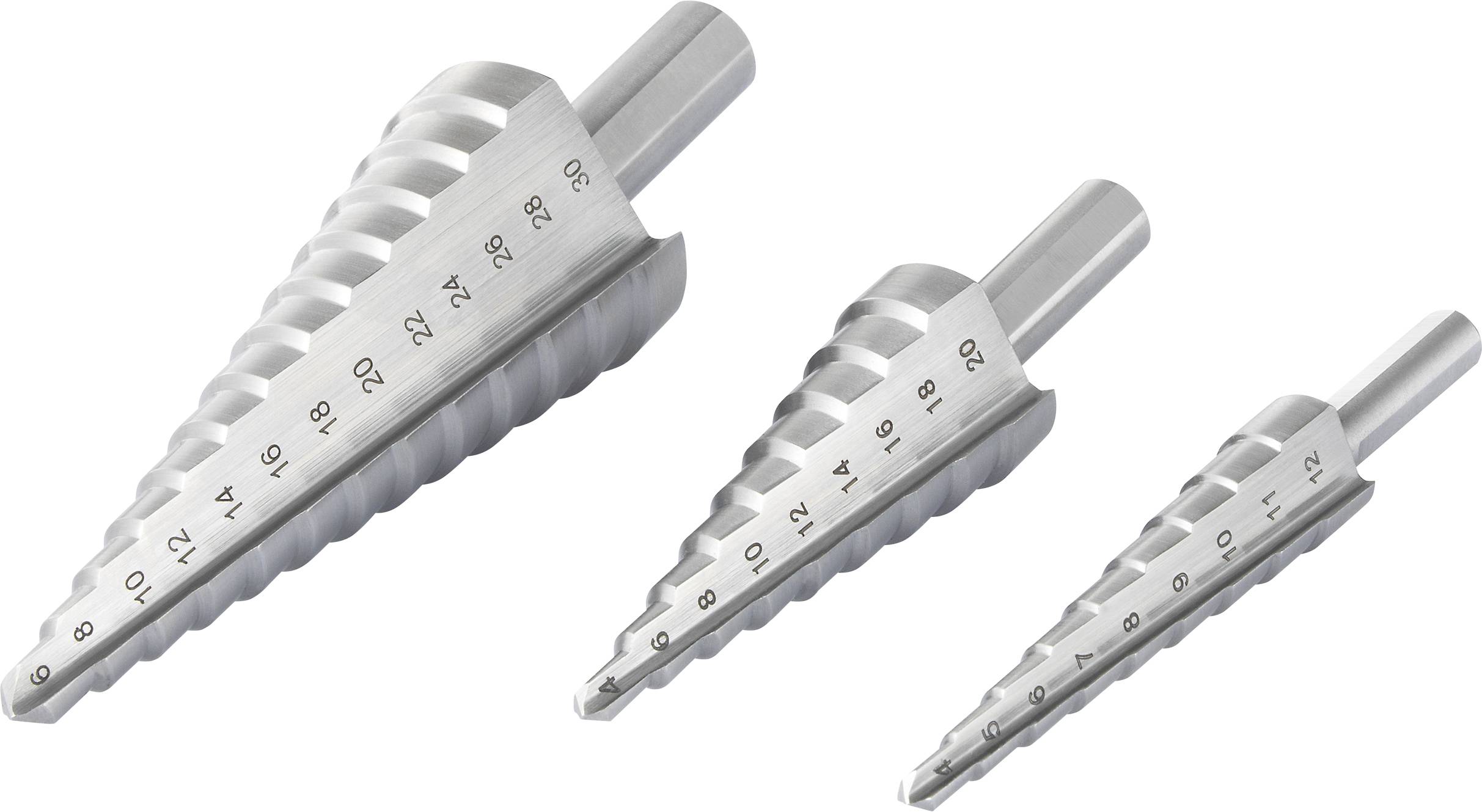 TOOLCRAFT HSS Zestaw wierteł stożkowych stopniowych 3 x 4 - 20 mm, 4 - 12 mm, 6 - 30 mm 6 mm, 8 mm, 10 mm - obrazek 1